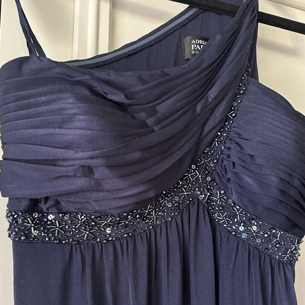 Adrianna Papell Boutique Navy One-Shoulder Formal Gown, Size 10 - Picture 3 of 11
